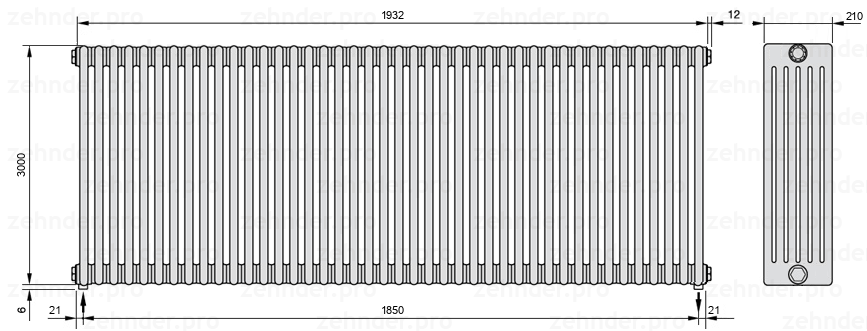 Схема (чертеж) Радиатор Zehnder Charleston 6300/42 №3570 Белый глянцевый RAL 9016